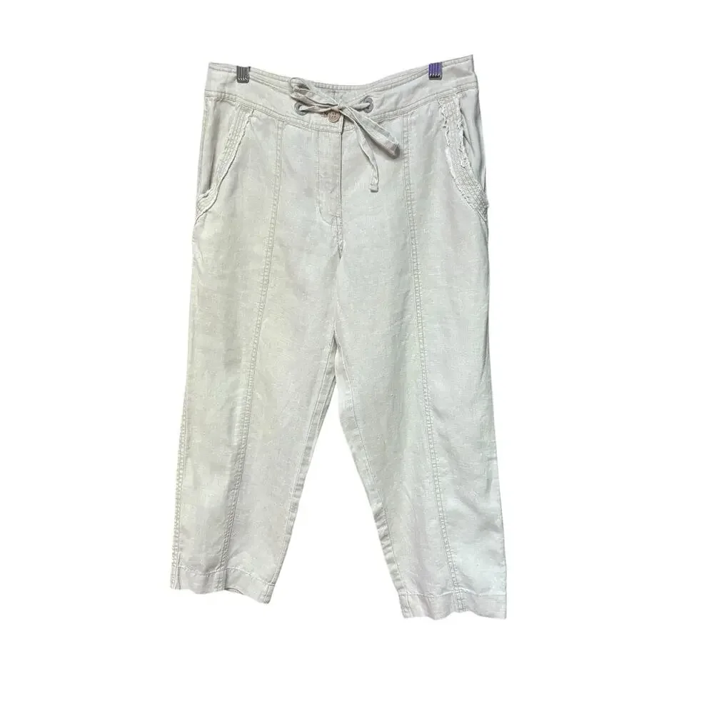 Tommy Bahama Khaki 100% Linen Summer Casual Capri Drawstring Pocket Pants sz 4 - Picture 1 of 7